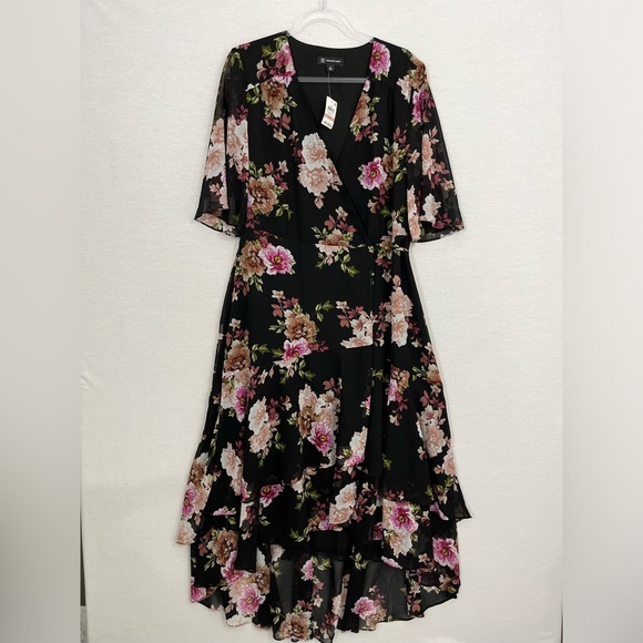 New INC International Concepts Black Multi Floral High Low Faux Wrap Dress sz 12 - Picture 1 of 10